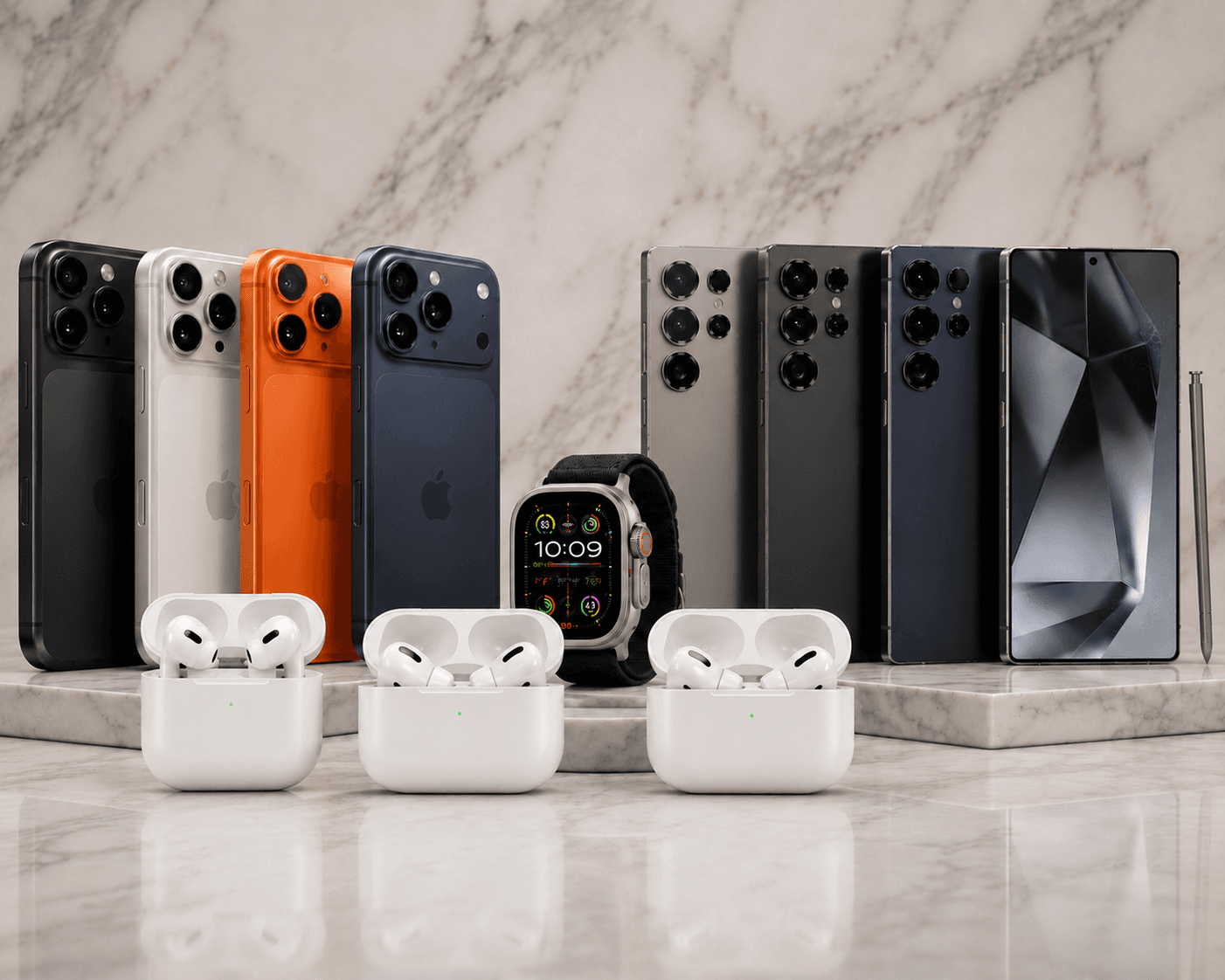 Premium Apple & Samsung devices — AirPods, iPhone, Apple Watch, Samsung S25 Ultra